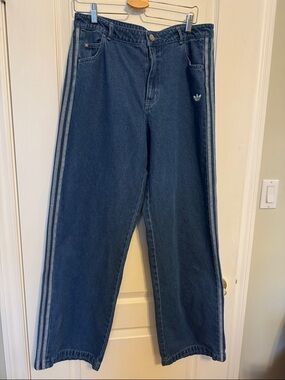 Unisex adidas Dark Blue Wide-Leg Jeans with Light Blue Triple Stripes